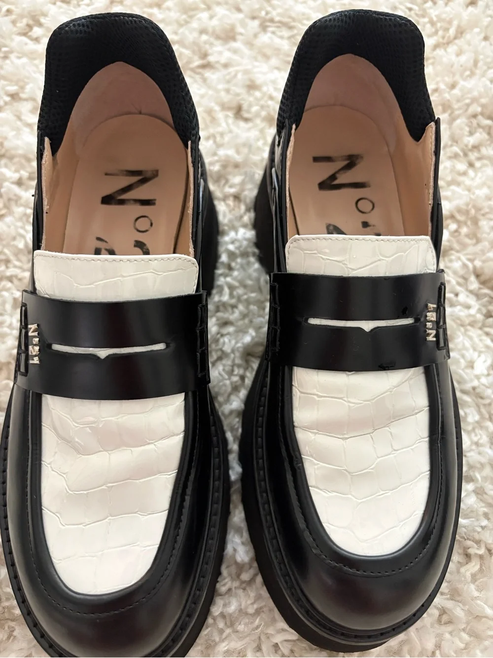 N°21 Black & White Croc Embossed Leather Chunky Platform Loafers 39